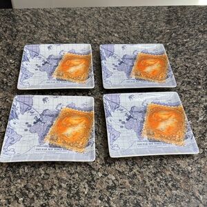M Studio post war new world geographical White Ceramic square plates set 4 EUC
